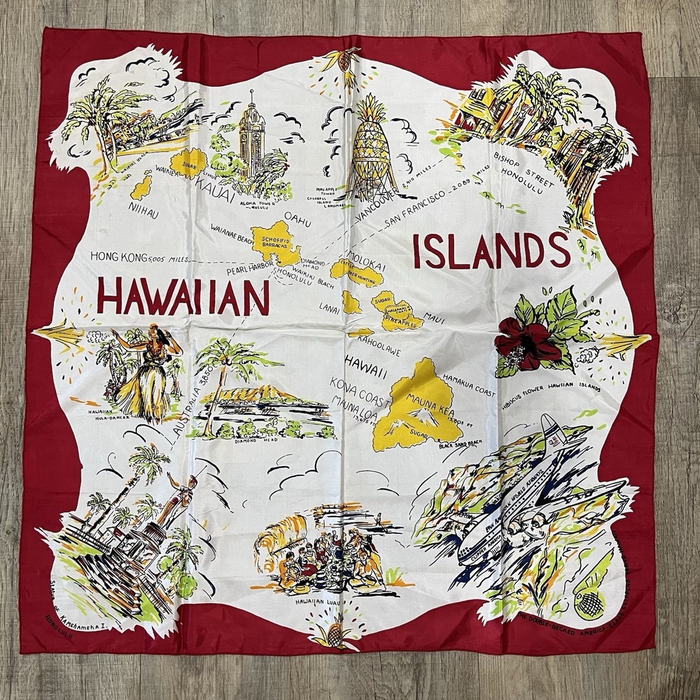 Vintage 1950s–60s Hawaiian Islands Souvenir Map Scarf Hand Screen Printed